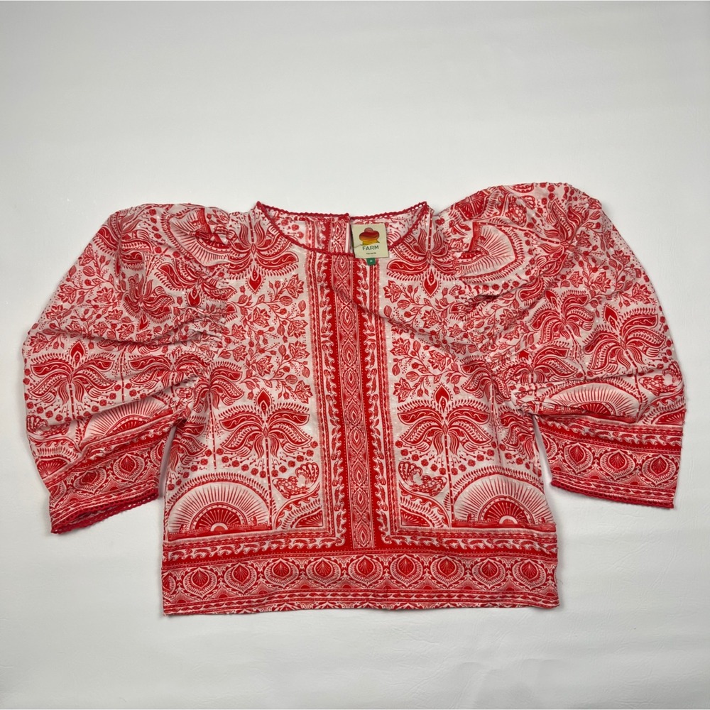 Farm Rio Patterned Puff Sleeve Top Women's M Red Paisley Tropical Boho (read)